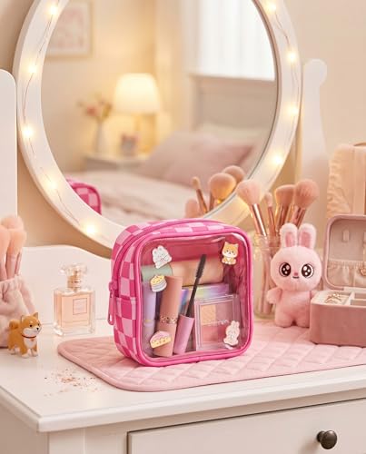 Clear Checkered Makeup Bag, Small Cosmetic Pouch with Zipper Mini Waterproof Makeup Purse Organizer Cute Cosmetic Bag Travel TSA Approved Toiletry Bag Car Organizer for Women Girls (Rose) - color: Rose
