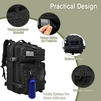 WOLT Military Tactical Backpack for Men 45L Molle Backpack 3 Day Assault Pack Bug Out Bag, Heavy Duty Rucksack for Hiking Gym(Black) - color: Black