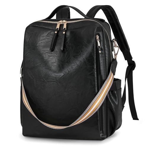 Dora & Liz Laptop Backpack for Women, Leather Travel Backpack with 15.6 Inch Laptop Compartment, College Work Computer Bag - color: Black