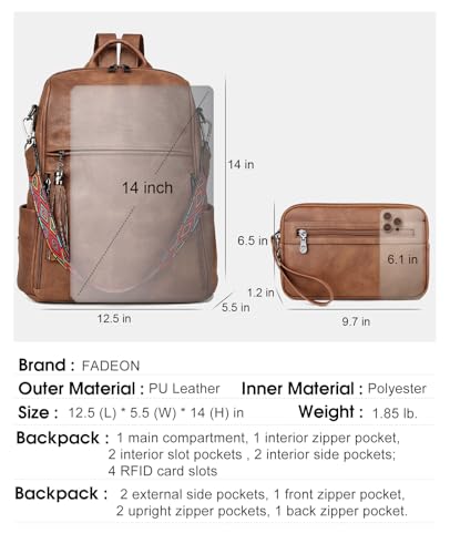 FADEON Faux Leather Backpack Purse, Daypack for Women, Fits 13" Laptop - color: 2 Brown Retro Style