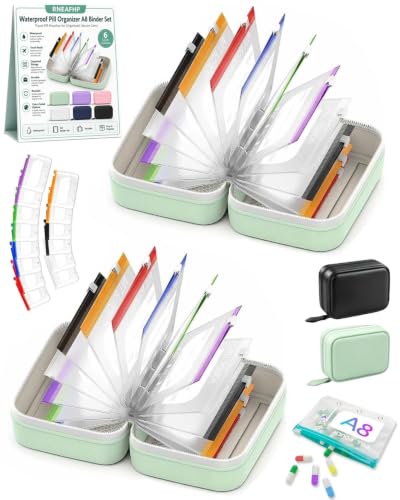 Waterproof Pill Organizer A8 Binder Set Pill Pouches for Travel 14PCS Bags Inside Large Zippered Pouch Bpa-Free Weekly Medicine Air Tight Pocket Color-Coded Reusable Travel Storage System - color: 2pcs-c