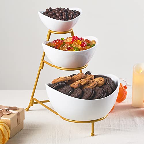 LYEOBOH 3 Tier Serving Bowls Set Tiered Serving Stand, Porcelain Oval Bowls with Collapsible Metal Stand for Entertaining, Party, Dessert Display, Candy, Chip and Dip (Gold)-45oz / 17.5oz / 7oz - color: Gold, style: Oval bowls