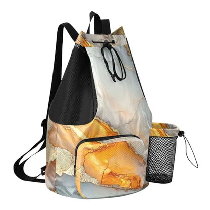 Drawstring Backpack Sports Bag With Water Bottle Pocket String Bag Dry Wet Separation Marble White Orange - color: Color 21