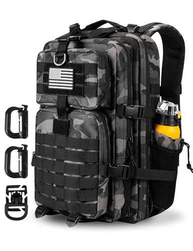 Hannibal Tactical 45L MOLLE Assault Pack, Tactical Backpack Military Army Camping Rucksack with Bottle Holder, 3-Day Pack Trip w/USA Flag Patch, D-Rings, Black Camo - color: Black Camo, size: 45L