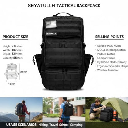 Military Tactical Backpack 55L for Men & Women Bug Out Bag Assault pack Molle Daypack Hiking Trekking Rucksack (Black) - color: Black