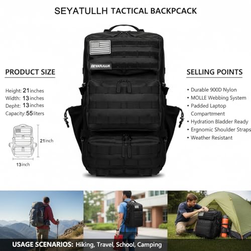 Military Tactical Backpack 55L for Men & Women Bug Out Bag Assault pack Molle Daypack Hiking Trekking Rucksack (Black) - color: Black