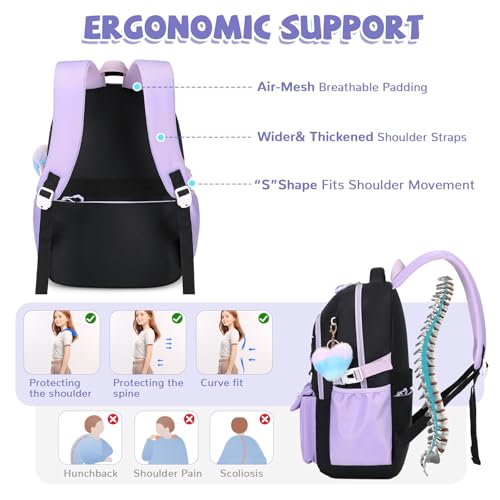 Girls Backpack, Lightweight Kids Backpack Kawaii School Backpacks Bookbag for Primary Elementary School,Age 6-14 years,Green Match Purple(Luggage Strap Ver) - color: 1pc-black & Purple(luggage Strap Ver)