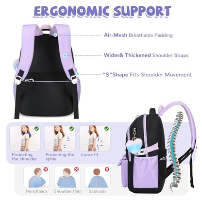 Girls Backpack, Lightweight Kids Backpack Kawaii School Backpacks Bookbag for Primary Elementary School,Age 6-14 years,Green Match Purple(Luggage Strap Ver) - color: 1pc-black & Purple(luggage Strap Ver)