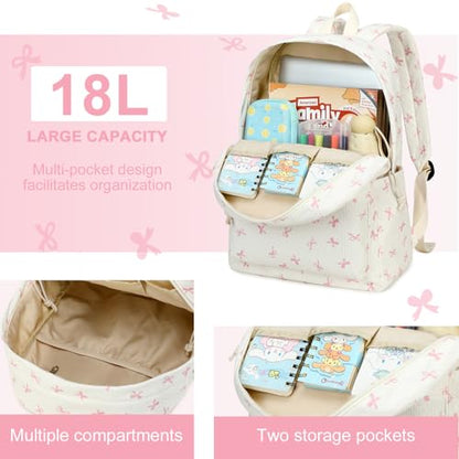 LEDAOU Kids Backpack for Girls Backpacks with Lunch Box, Lightweight Bookbag Set Elementary Middle School Back pack for 8-14 - color: Beige Bowknot