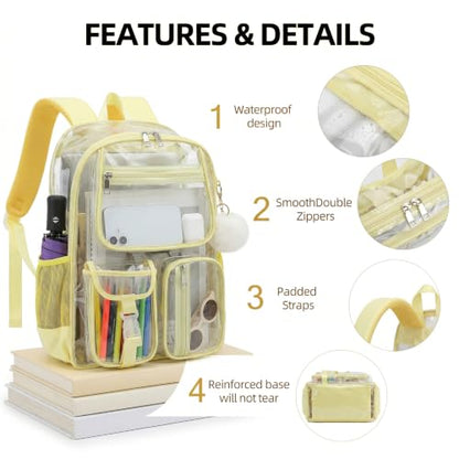 Clear Backpacks for Girls Women, Heavy Duty PVC Transparent School Bookbag See Through Back Pack for College Work Travel (Yellow) - color: Yellow
