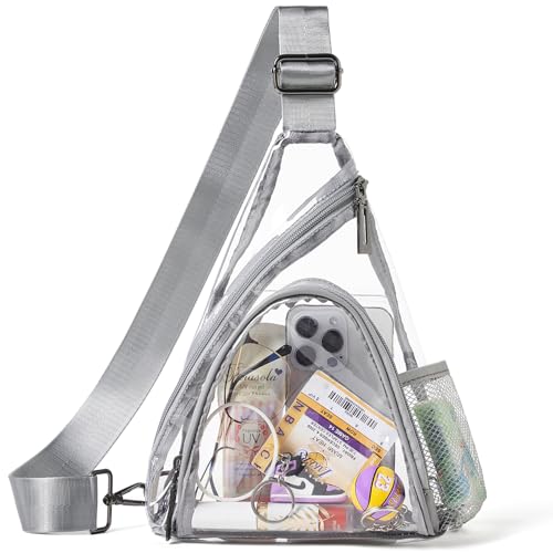 Clear Bag for Stadium Events 12x12x6 Stadium Bag Crossbody Purses Clear Sling Backpack for Concerts Football Games Travel - color: Light Gray