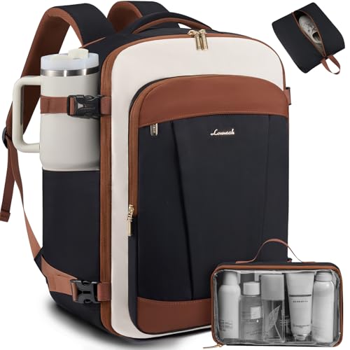 LOVEVOOK 40L Travel Backpack for Women & Men, Airline Approved Carry On Backpack, TSA Personal Item Bag fits 17.3 Inch Laptop, Waterproof Weekender Overnight Bags Suitcase for Work, Black-Brown-Beige - color: Black-brown-beige, size: 42L-17.6Inch-3Pcs