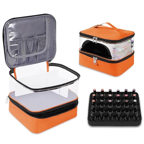 Beloving Clear Nail Polish Organizer, Double-Layer Nail Polish Bag Organizer Case Holds 30 Bottles and Nail Dryer, Nail Organizers and Storage for Manicure Tools-Orange - color: 5.Orange