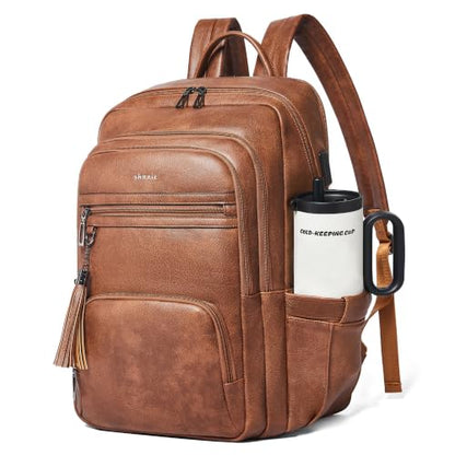 Shrrie 17 Inch Faux Leather Laptop Backpack for Women with Large Cup Holder - color: Caramel Brown