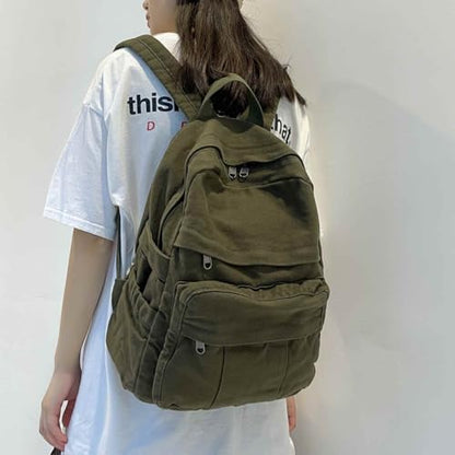 Military Green Canvas Backpack for Women & Men Retro Aesthetic Rucksack Basic Backpack for High School/College Students Travel Laptop Bag - color: Olive Green
