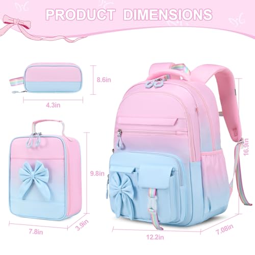 DIGOBAY Backpack for Girls, 3PCS Girls Backpack for School with Lunch Bag Pencil Case, Cute Kids Teens Bookbag for Kindergarten Elementary Preschool Middle School - color: Gradient Pink-blue