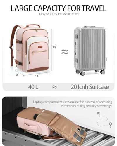 40L Travel Backpack for Women, Carry On Bag Flight Approved, Waterproof Backpack with 3 Packing Cubes, Weekender Personal Item Bag for Airplane Travel Essentials, TSA Approved - color: Light Pink-brown