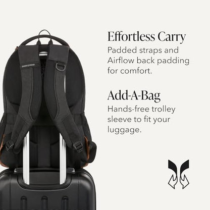 SWISSGEAR Cecil Laptop Backpack, Fits Most 16-Inch Laptops, Three-Compartment Design, Airflow Back Panel, Black, 27.3L, 18-Inch - color: Black Canvas/Brown