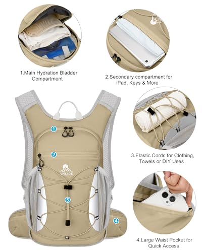 Hydration Backpack with 2L Water Bladder - Lightweight 15L Daypack with Phone-Sized Hip Belt Pockets, Anti-Chafe Cotton Edging & No-Bounce Straps - Small Water Backpack for Hiking, Running, Skiing - color: Khaki