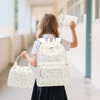 LEDAOU Kids Backpack for Girls Backpacks with Lunch Box, Lightweight Bookbag Set Elementary Middle School Back pack for 8-14 - color: Beige Bowknot