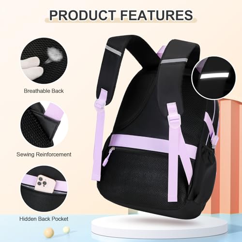 DIGOBAY Backpacks for Girls, 3PCS School Backpack with Lunch Box Pencil Pouch for Teen Girls Children Elementary Primary Middle High College Daypack School bag Bookbag Set（Black-Purple） - color: Black-purple