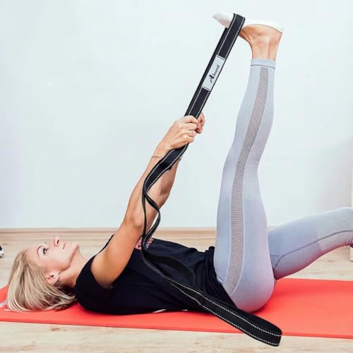 Stretching Strap Yoga Strap Therapy for Home Workout, Exercise, Pilates and Gymnastics, 10 Loops Non-Elastic Stretch Bands - color: Black