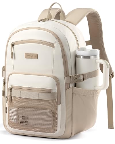 LOVEVOOK Laptop Backpack Women with 40oz Cup Holder Buckle Strap, 15.6 Inch Tech-Ready Work Backpack, TSA-compliant for Travel & College with Versatile Mesh Pocket, Oatmeal Cream - color: Oatmeal Cream, size: 15.6inch