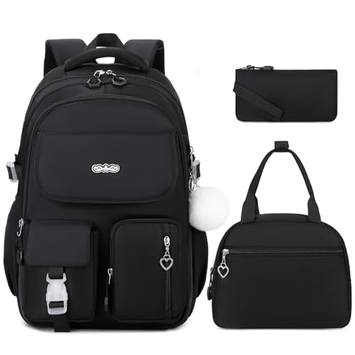 DIGOBAY Backpacks for Girls, 3PCS School Backpack with Lunch Box Pencil Pouch for Teen Girls Kids Elementary Primary Middle High College Travel School bag Bookbag Set （Black） - color: Black