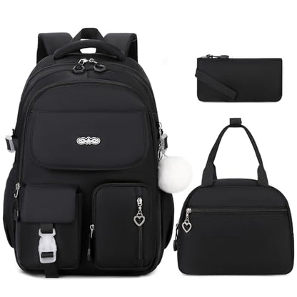 DIGOBAY Backpacks for Girls, 3PCS School Backpack with Lunch Box Pencil Pouch for Teen Girls Kids Elementary Primary Middle High College Travel School bag Bookbag Set （Black） - color: Black