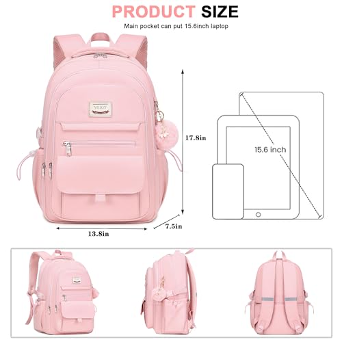 Laptop Backpack 15.6 Inch College Backpacks for Women, School Backpack for Girls,Students Aesthetic Anti Theft Travel Daypack Large Bookbags Middle High School Back Pack(Pink) - color: Pink