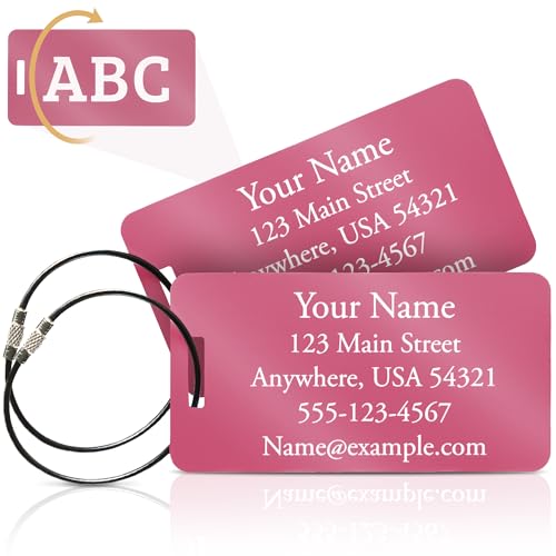Personalized Aluminum Luggage Tags – Permanent Laser Engraved Metal Suitcase Tags for Travel – Custom Name & Contact ID for Checked Bags & Carry On – Set of 2 (Pink) - color: Pink