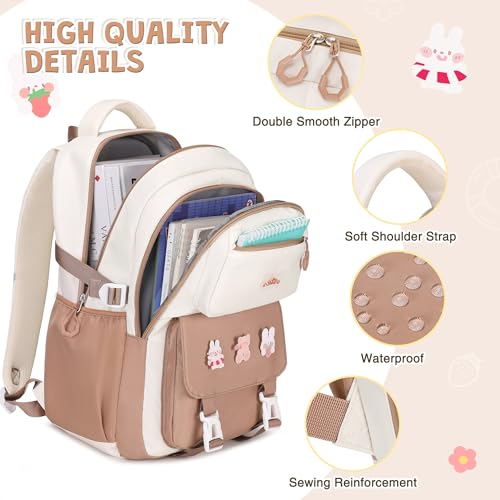 DIGOBAY 3PCS Girls Backpack for School, Kids Backpack for Girls with Lunch Box Pencil Case Set for Teen Girl Elementary Primary Middle High College School Bookbag with Cute Pins (Khaki) - color: Khaki