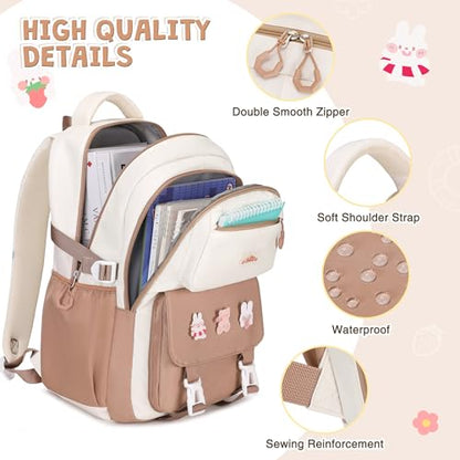 DIGOBAY 3PCS Girls Backpack for School, Kids Backpack for Girls with Lunch Box Pencil Case Set for Teen Girl Elementary Primary Middle High College School Bookbag with Cute Pins (Khaki) - color: Khaki