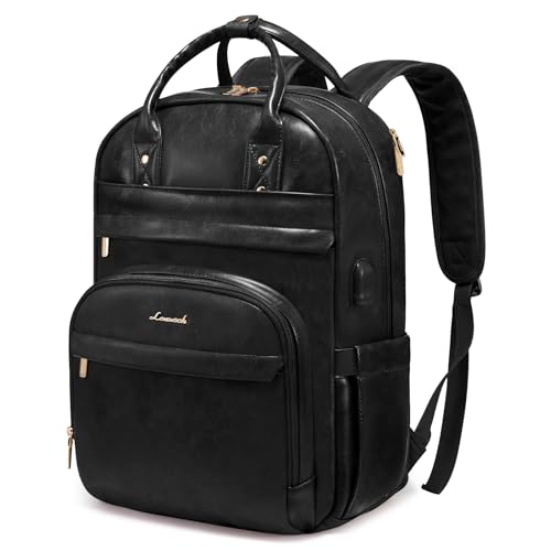 LOVEVOOK Vintage PU Leather 15.6 inch Women's Laptop Backpack, Black, 25L, Water Resistant, USB Charging Port