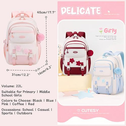 Girls Backpack for School Kids, Pink Kids School Bag for Teen Girls, with Star Pins and Furry Pendant, A08-Pink - color: A08-pink