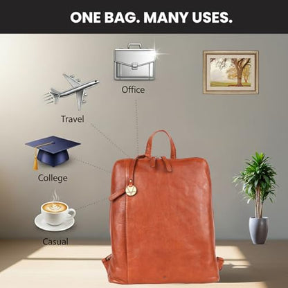 12.5 Inch Genuine Leather Backpack for Women and Men, Cognac Leather Backpack with Adjustable Shoulder Strap - color: Cognac