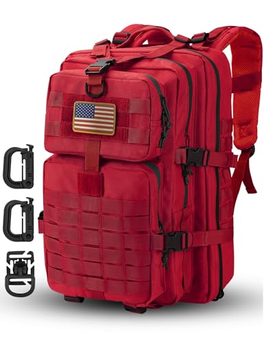 Hannibal Tactical MOLLE Assault Backpack, Tactical Backpack Military Army Camping Rucksack, 3-Day Pack Trip w/USA Flag Patch, D-Rings, Red - color: Red