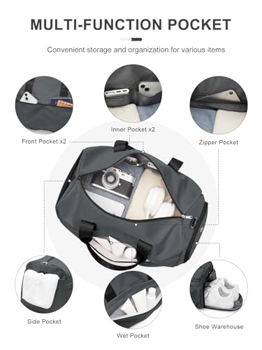 Gym Bag for Women Men with Shoe Compartment, Sport Duffel Bag, Waterproof Travel Weekender Overnight Carry on Bag for Yoga with Trolley Sleeve, Grey - color: A8-Grey