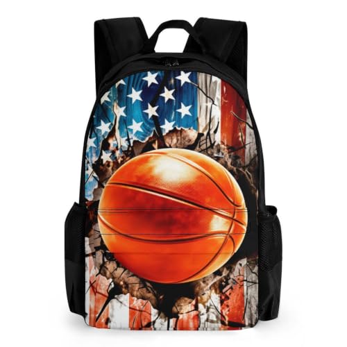 Basketball American Flag Backpack, Durable Polyester Daypack with Laptop Compartment, Reinforced Bottom, Adjustable Shoulder Straps And Multi Pockets for Travel And Daily Use - color: Basketball American Flag