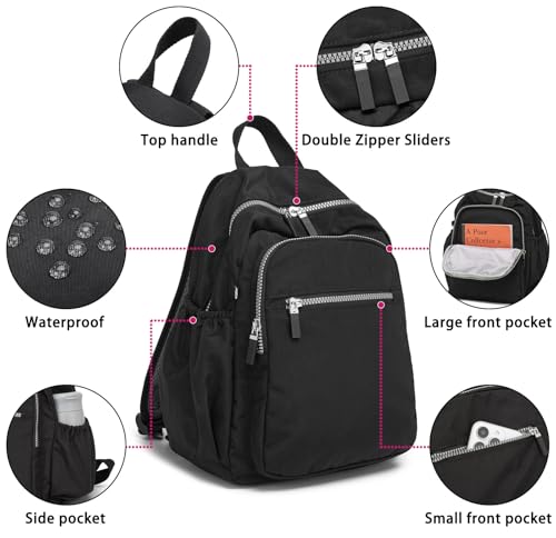 DOKUDOKU Small Nylon Backpack Mini Casual Daypack Lightweight Backpack for Women (BLACK)