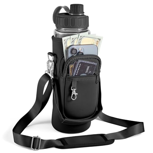 Water Bottle Holder with Strap,Water Bottle Bag,32/40 oz Large Capacity,Adjustable Shoulder Hand Strap,2 Phone Pocket Water Bottle Holder,Water Bottle Accessories for Camping Running Walking - color: Black, size: 40 OZ