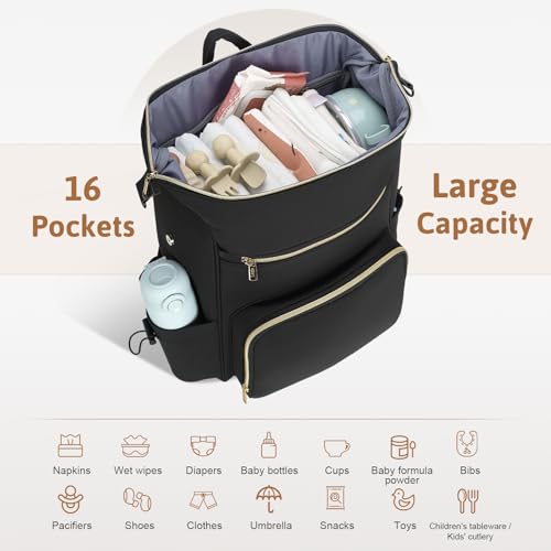 Lekesky Pañaleras para bebe, Diaper Bag Backpack for Baby, Large Capacity Diaper Bag with 16 Pockets, 1.52lb Lightweight Waterproof Diaper Backpack with Changing Pad, Stroller Bag for Mom Dad Travel - color: Black