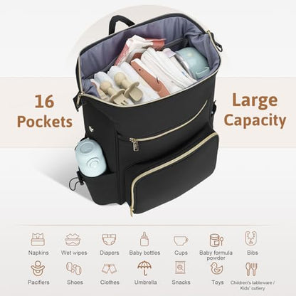 Lekesky Pañaleras para bebe, Diaper Bag Backpack for Baby, Large Capacity Diaper Bag with 16 Pockets, 1.52lb Lightweight Waterproof Diaper Backpack with Changing Pad, Stroller Bag for Mom Dad Travel - color: Black