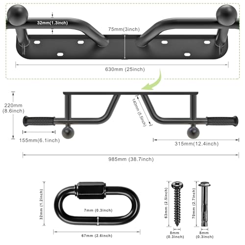 SELEWARE Heavy Duty Wall Mounted Pull Up Bar - Fully Welded Multifunctional Chin Up Bar with Ball Finger Training & Accessory Hooks, 600LB Capacity for Support Beam/Joist/Doorway