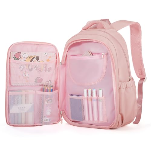 Cute Backpack For School Teens Girls, Aesthetic Kids Elementary School Backpacks, Waterproof Middle Students Bookbag, Large Capacity Backpack For College Women Men (Pink) - color: Pink