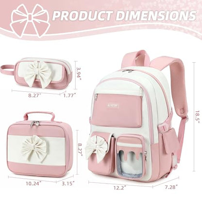 School Backpack for Girls 3PCS Nylon Kids Backpack Set with Lunch Box & Pencil Pouch, Cute Lightweight Teen Girls School Bag Laptop Bag Travel Daypack for Elementary Middle High School Beige Pink - color: Pink