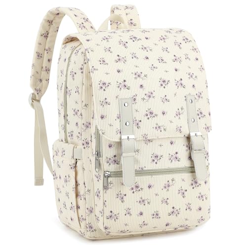 Corduroy Women Travel Backpack, College Laptop Backpack Casual Daypack School Bookbag for 15.6 Inch Laptop (Corduroy Floral Purple) - color: Corduroy Floral Purple