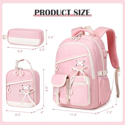 DIGOBAY Backpacks for Girls - 3PCS Girls Backpack with Lunch Box & Pencil Pouch School Backpacks for Elementary Middle High College School Bookbag for Teen Girl Kids Students Pink - color: Pinkbeige