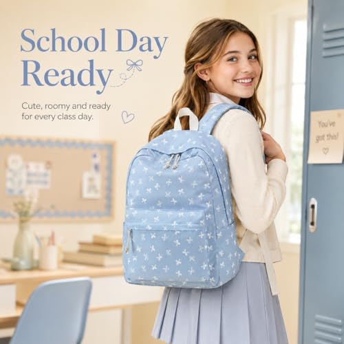 LEDAOU Backpack for Teen Girls Lightweight Kids Bookbag for Elementary Middle High School College Women Laptop Casual Daypack (Bow-Blue) - color: Bow-blue