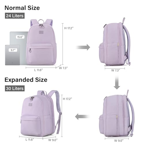 Hanke Expandable Laptop Backpack for Women and Men, 24L-30L Travel Backpack, 15.6 Inch College Laptop Bookbag for Work, Water Resistant Carry On Personal Item Bag, Purple - color: Taro Purple